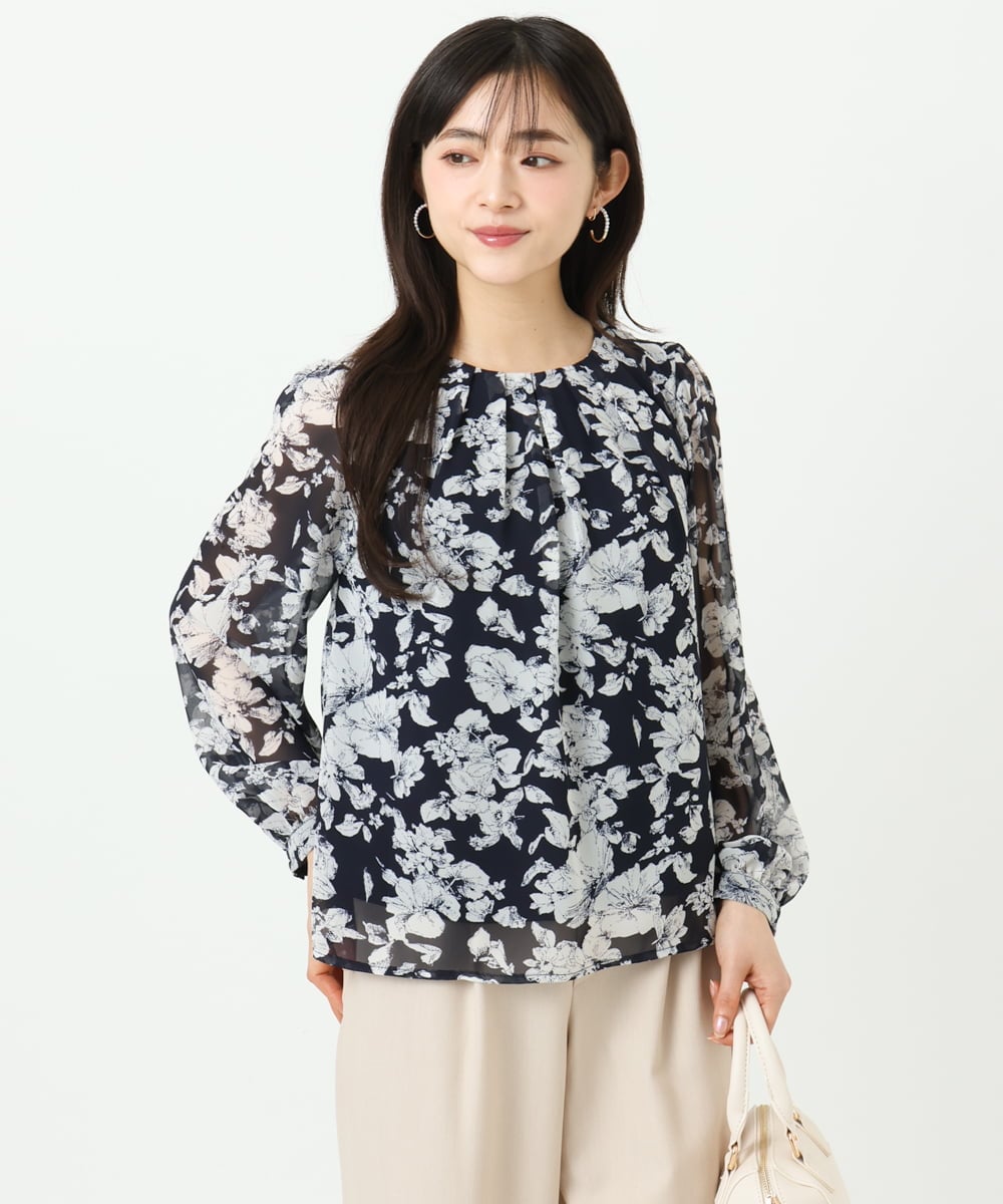 F1BGD03140 MK MICHEL KLEIN(小さいサイズ)(メゾン ドゥ サンク) 【小さいサイズ】花柄シフォンブラウス/洗濯機で洗える ネイビー