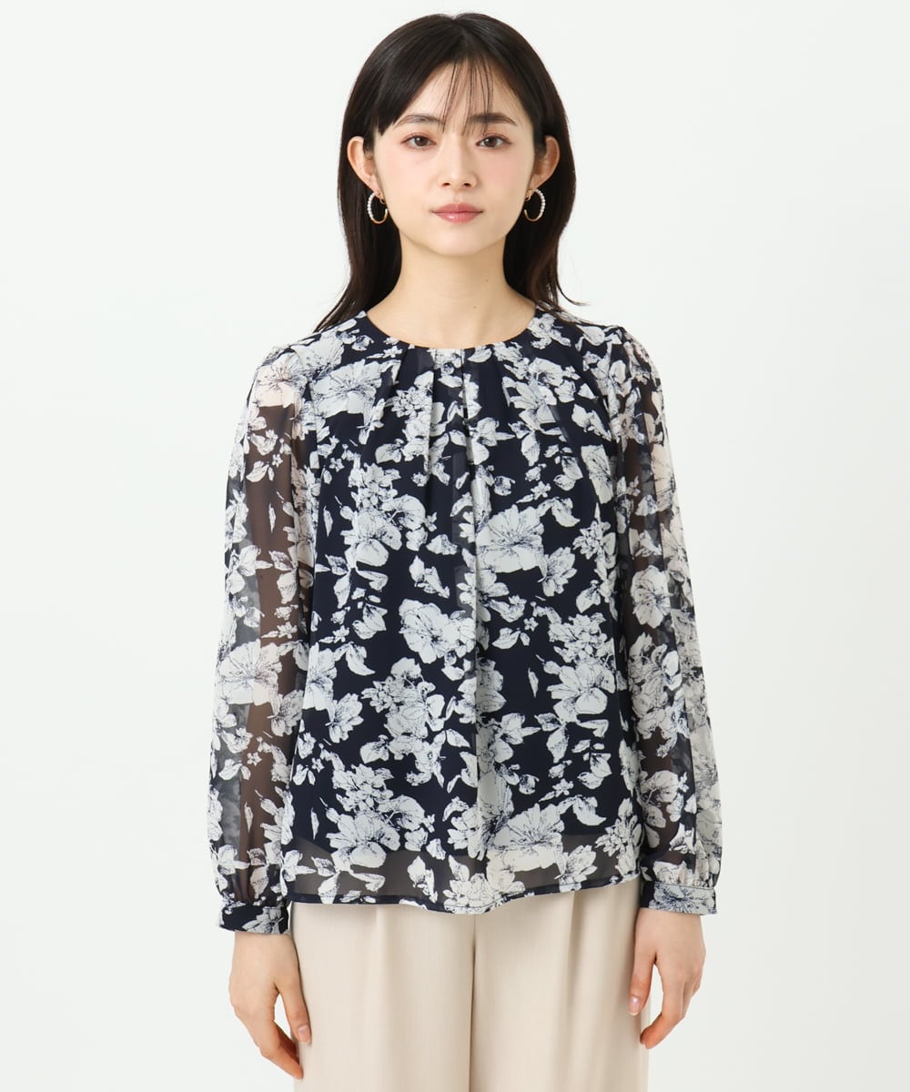 F1BGD03140 MK MICHEL KLEIN(小さいサイズ)(メゾン ドゥ サンク) 【小さいサイズ】花柄シフォンブラウス/洗濯機で洗える ネイビー