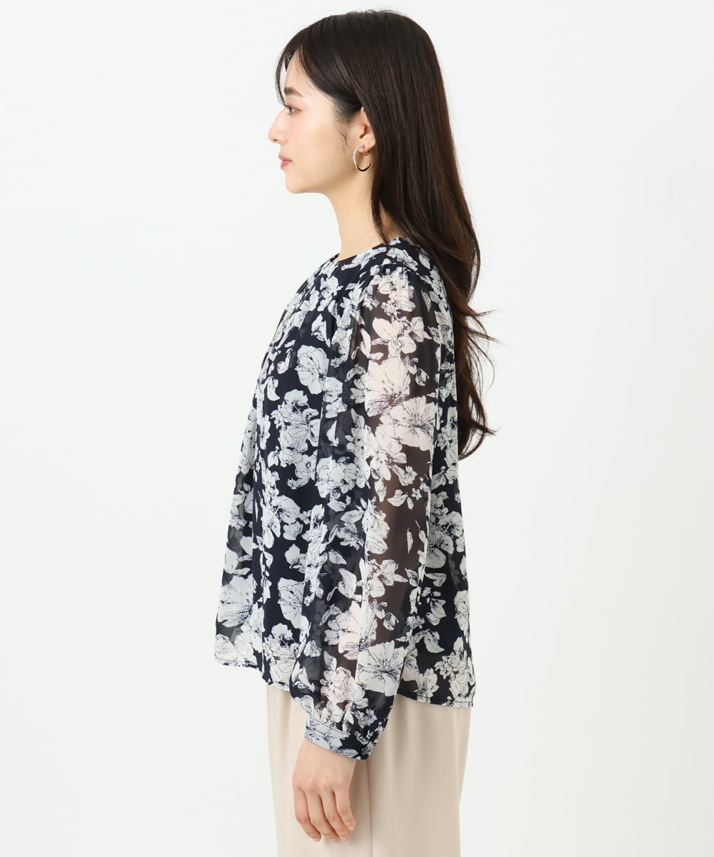 F1BGD03140 MK MICHEL KLEIN(小さいサイズ)(メゾン ドゥ サンク) 【小さいサイズ】花柄シフォンブラウス/洗濯機で洗える ネイビー