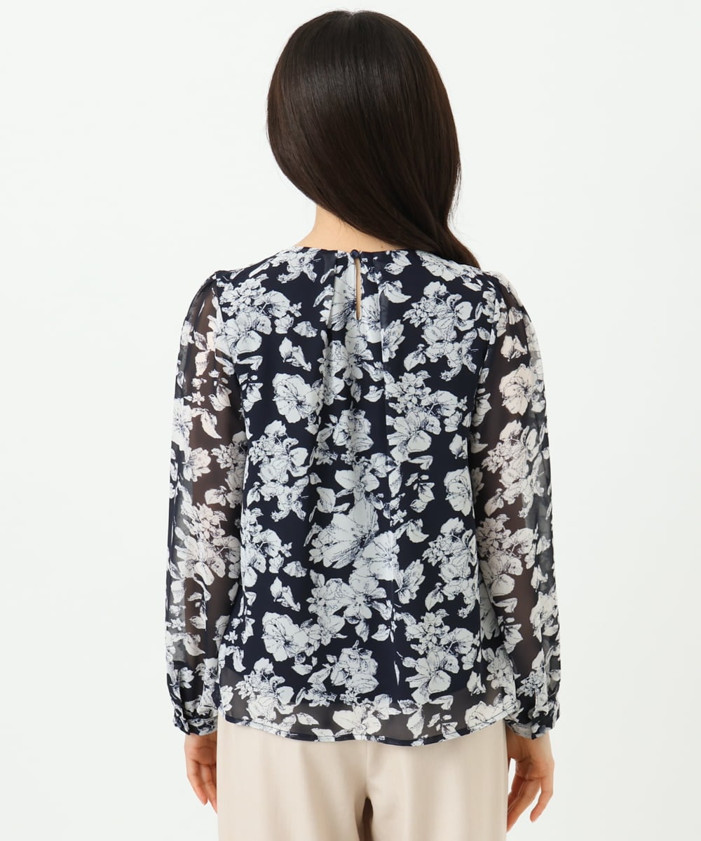 F1BGD03140 MK MICHEL KLEIN(小さいサイズ)(メゾン ドゥ サンク) 【小さいサイズ】花柄シフォンブラウス/洗濯機で洗える ネイビー