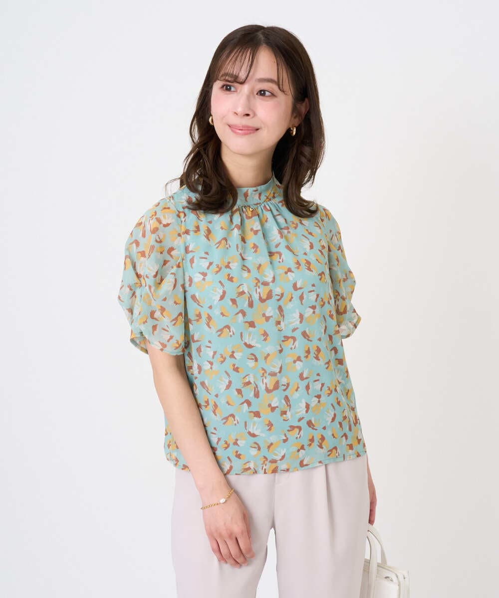 F1BGD05140 MK MICHEL KLEIN(小さいサイズ)(メゾン ドゥ サンク) 【小さいサイズ】タックスリーブ花柄シフォンブラウス/洗濯機で洗える ミント