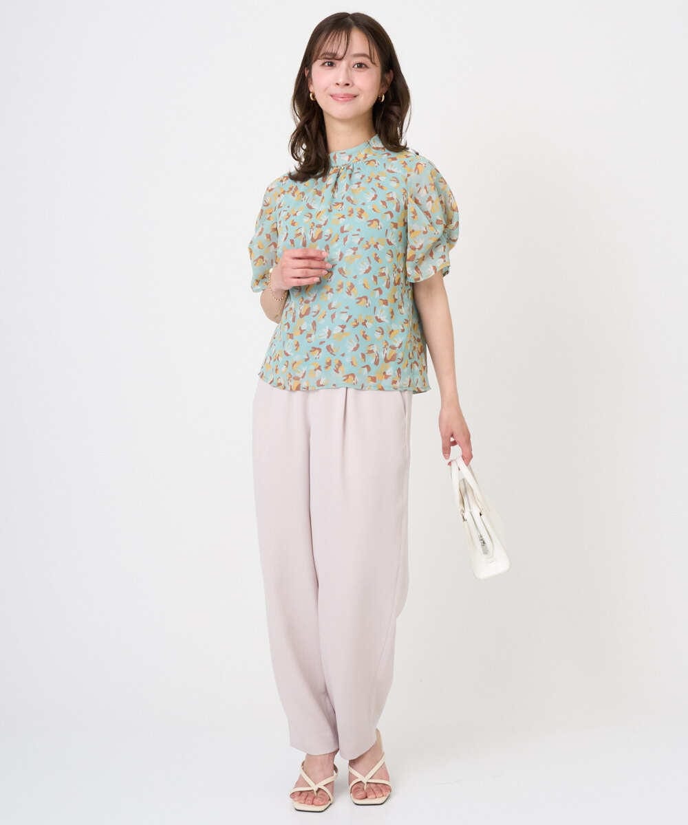 F1BGD05140 MK MICHEL KLEIN(小さいサイズ)(メゾン ドゥ サンク) 【小さいサイズ】タックスリーブ花柄シフォンブラウス/洗濯機で洗える ミント