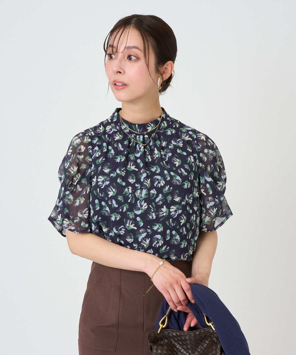 F1BGD05140 MK MICHEL KLEIN(小さいサイズ)(メゾン ドゥ サンク) 【小さいサイズ】タックスリーブ花柄シフォンブラウス/洗濯機で洗える ミント