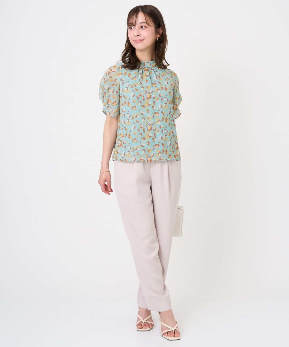 F1BGD05140 MK MICHEL KLEIN(小さいサイズ)(メゾン ドゥ サンク) 【小さいサイズ】タックスリーブ花柄シフォンブラウス/洗濯機で洗える ミント