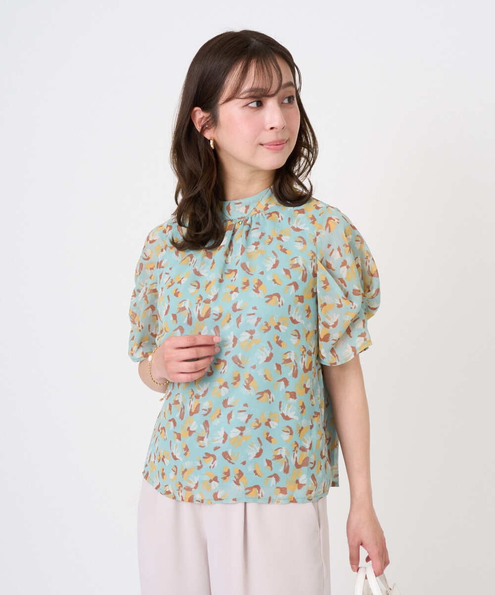 F1BGD05140 MK MICHEL KLEIN(小さいサイズ)(メゾン ドゥ サンク) 【小さいサイズ】タックスリーブ花柄シフォンブラウス/洗濯機で洗える ミント