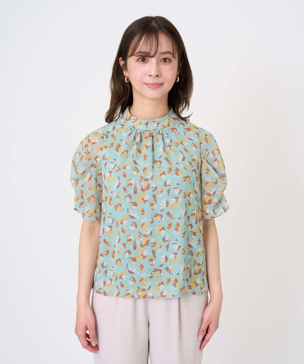 F1BGD05140 MK MICHEL KLEIN(小さいサイズ)(メゾン ドゥ サンク) 【小さいサイズ】タックスリーブ花柄シフォンブラウス/洗濯機で洗える ミント