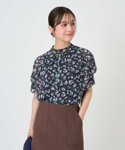 F1BGD05140 MK MICHEL KLEIN(小さいサイズ) 【小さいサイズ】タックスリーブ花柄シフォンブラウス/洗濯機で洗える