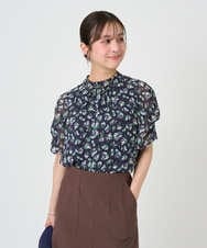F1BGD05140 MK MICHEL KLEIN(小さいサイズ)(メゾン ドゥ サンク) 【小さいサイズ】タックスリーブ花柄シフォンブラウス/洗濯機で洗える ネイビー