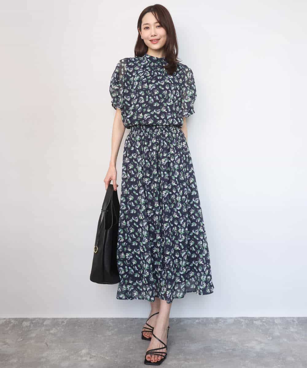 F1BGD05140 MK MICHEL KLEIN(小さいサイズ)(メゾン ドゥ サンク) 【小さいサイズ】タックスリーブ花柄シフォンブラウス/洗濯機で洗える ミント