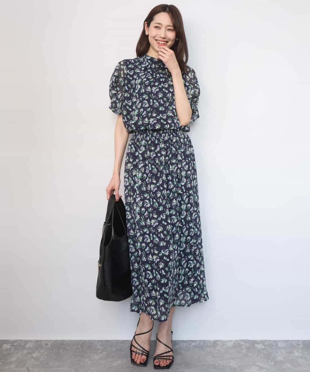 F1BGD05140 MK MICHEL KLEIN(小さいサイズ)(メゾン ドゥ サンク) 【小さいサイズ】タックスリーブ花柄シフォンブラウス/洗濯機で洗える ミント