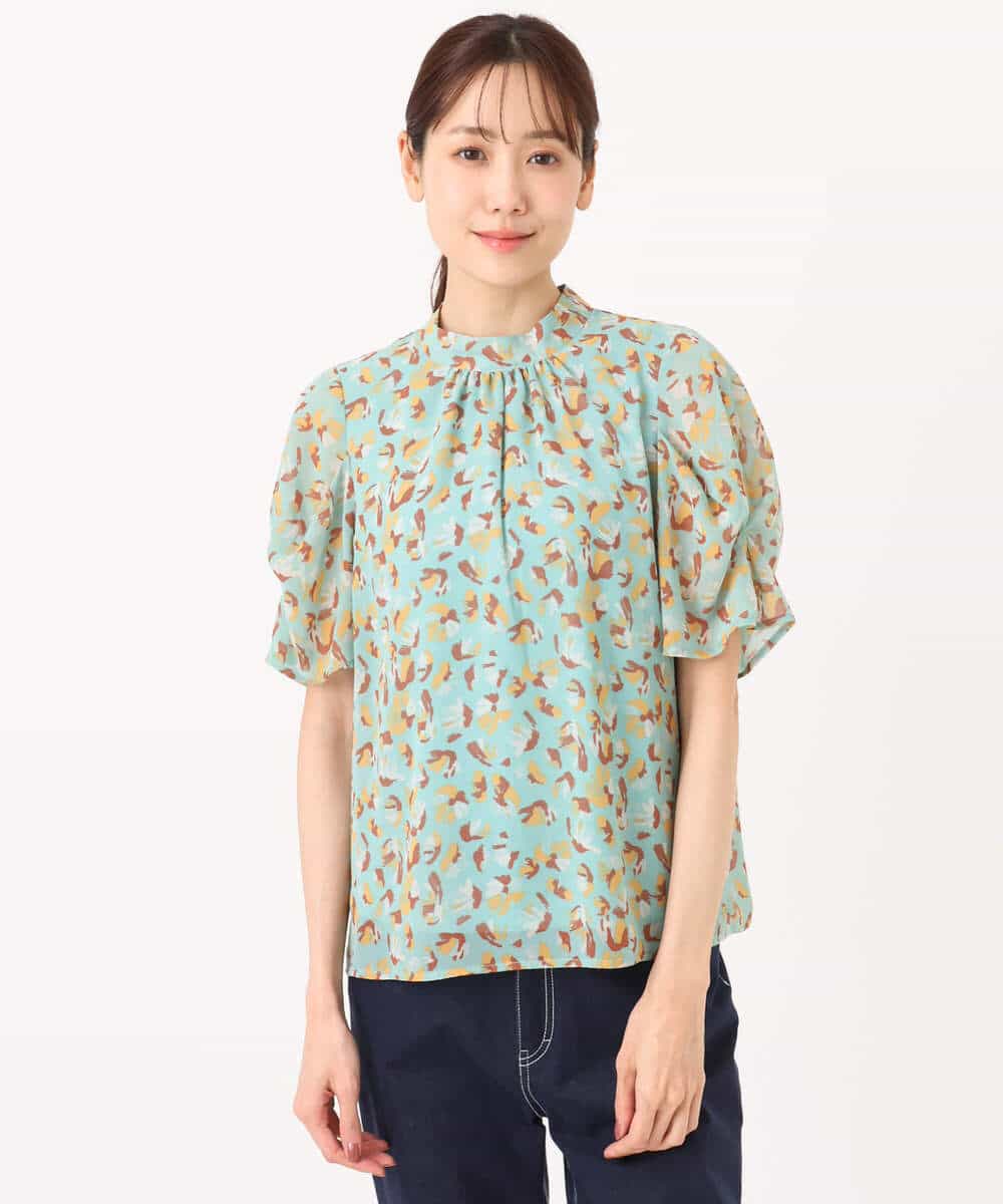 F1BGD05140 MK MICHEL KLEIN(小さいサイズ)(メゾン ドゥ サンク) 【小さいサイズ】タックスリーブ花柄シフォンブラウス/洗濯機で洗える ミント