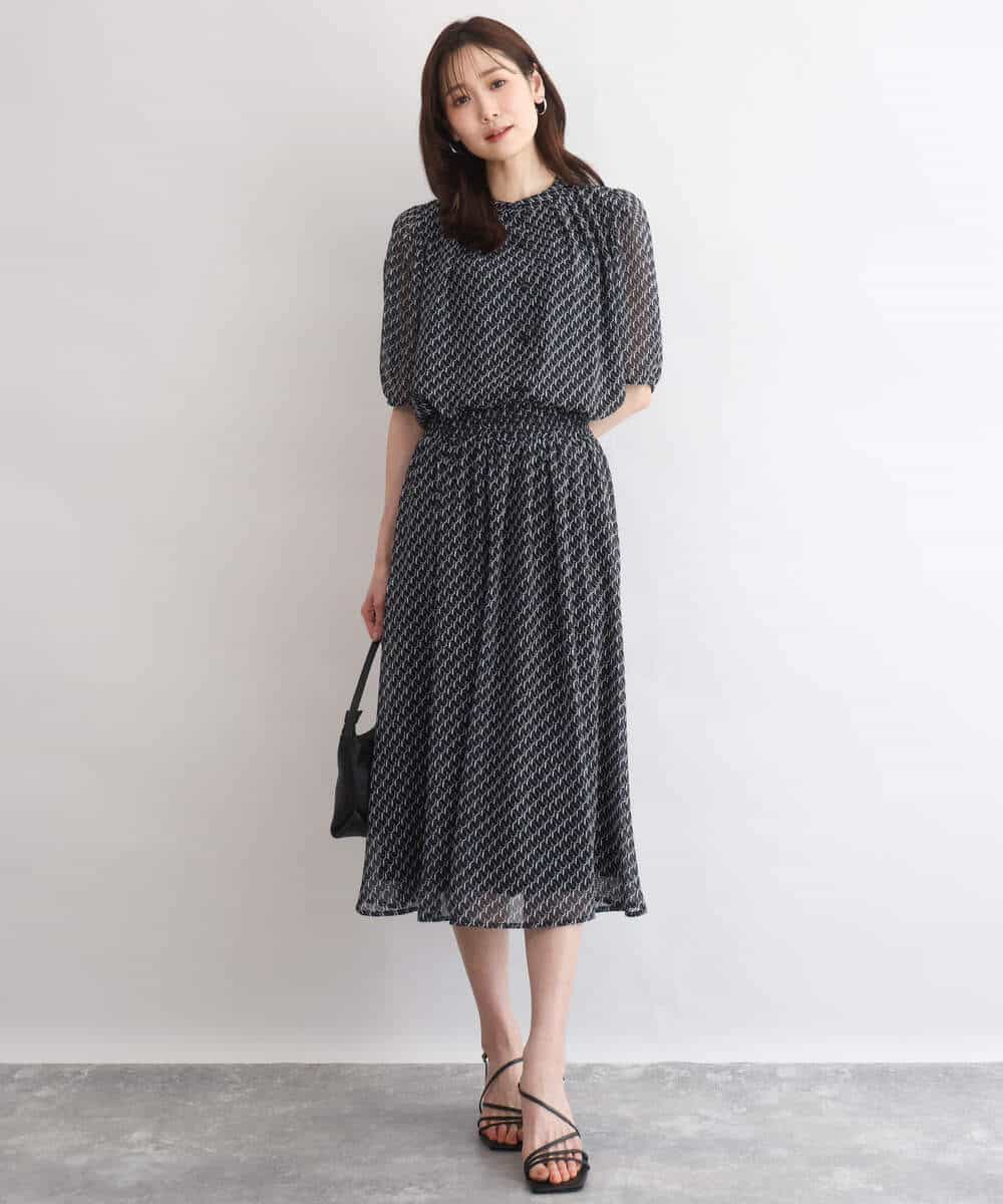 F1BGD06140 MK MICHEL KLEIN(小さいサイズ)(メゾン ドゥ サンク) 【小さいサイズ】[洗濯機で洗える]幾何柄バンドカラー五分袖ブラウス ブラウン