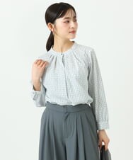 F1BGD21140 MK MICHEL KLEIN(小さいサイズ)(メゾン ドゥ サンク) 【小さいサイズ】幾何柄バンドカラーブラウス/洗濯機で洗える ライトブルー