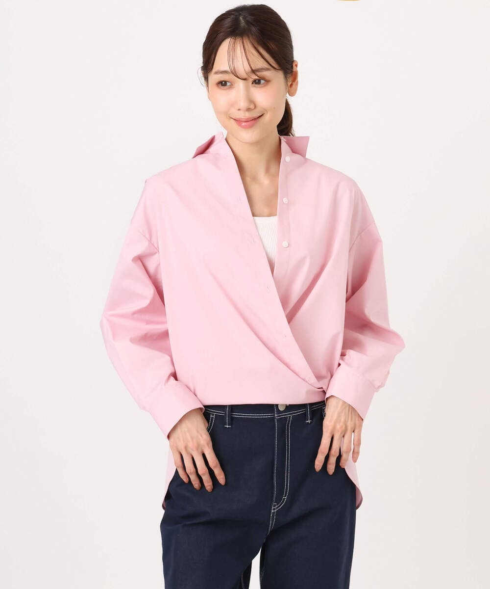 F1BGD27140 MK MICHEL KLEIN(小さいサイズ)(メゾン ドゥ サンク) 【小さいサイズ】コットン混ベーシックシャツ（無地）/接触冷感/防シワ/洗濯機で洗える ピンク