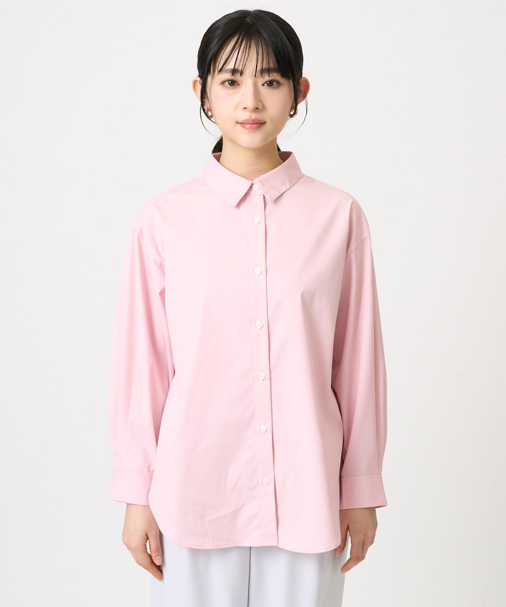 F1BGD27140 MK MICHEL KLEIN(小さいサイズ)(メゾン ドゥ サンク) 【小さいサイズ】コットン混ベーシックシャツ（無地）/接触冷感/防シワ/洗濯機で洗える ピンク