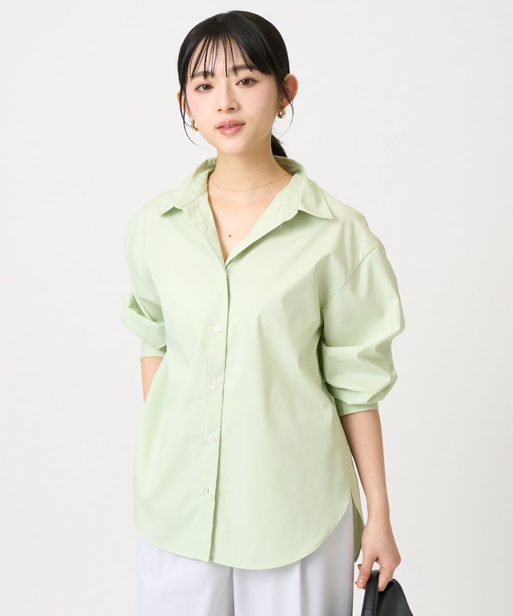 F1BGD27140 MK MICHEL KLEIN(小さいサイズ)(メゾン ドゥ サンク) 【小さいサイズ】コットン混ベーシックシャツ（無地）/接触冷感/防シワ/洗濯機で洗える ライトグリーン