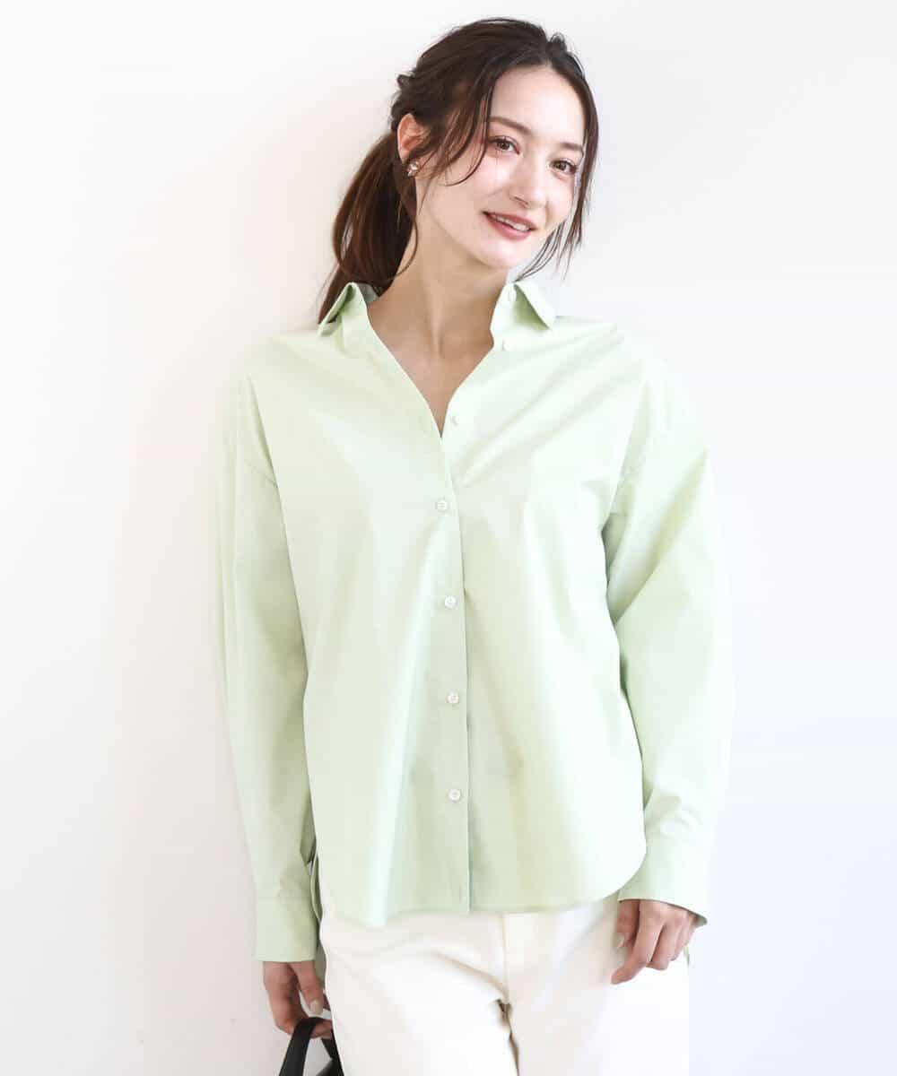 F1BGD27140 MK MICHEL KLEIN(小さいサイズ)(メゾン ドゥ サンク) 【小さいサイズ】コットン混ベーシックシャツ（無地）/接触冷感/防シワ/洗濯機で洗える ライトグリーン
