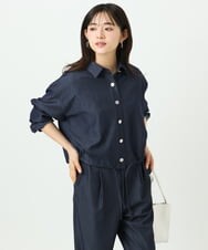 F1BGD30150 MK MICHEL KLEIN(小さいサイズ)(メゾン ドゥ サンク) 【小さいサイズ】[SANAGARAシリーズ]デニムライク クロップド丈シャツブラウス/接触冷感/UVカット/洗濯機で洗える ネイビー