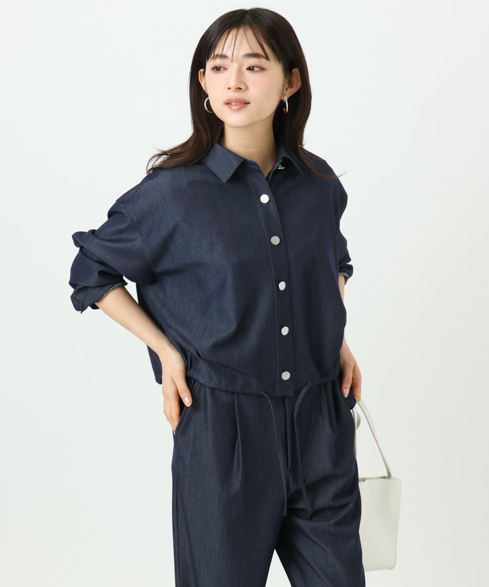 F1BGD30150 MK MICHEL KLEIN(小さいサイズ)(メゾン ドゥ サンク) 【小さいサイズ】[SANAGARAシリーズ]デニムライク クロップド丈シャツブラウス/接触冷感/UVカット/洗濯機で洗える ネイビー