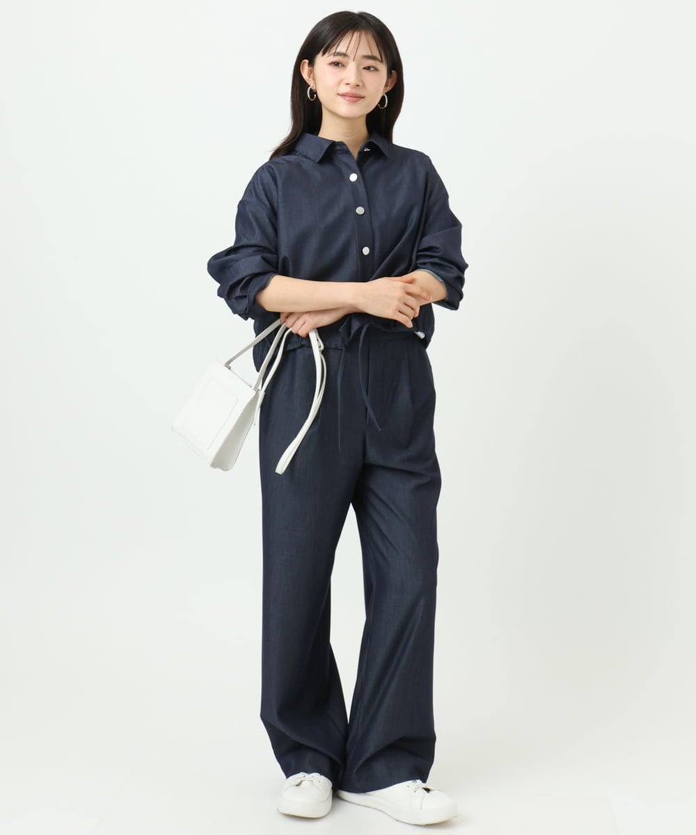 F1BGD30150 MK MICHEL KLEIN(小さいサイズ)(メゾン ドゥ サンク) 【小さいサイズ】[SANAGARAシリーズ]デニムライク クロップド丈シャツブラウス/接触冷感/UVカット/洗濯機で洗える ネイビー