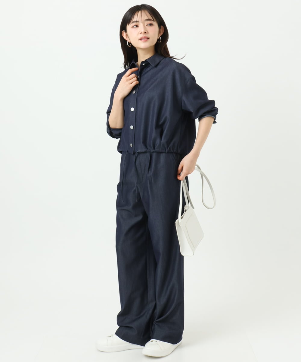 F1BGD30150 MK MICHEL KLEIN(小さいサイズ)(メゾン ドゥ サンク) 【小さいサイズ】[SANAGARAシリーズ]デニムライク クロップド丈シャツブラウス/接触冷感/UVカット/洗濯機で洗える ネイビー