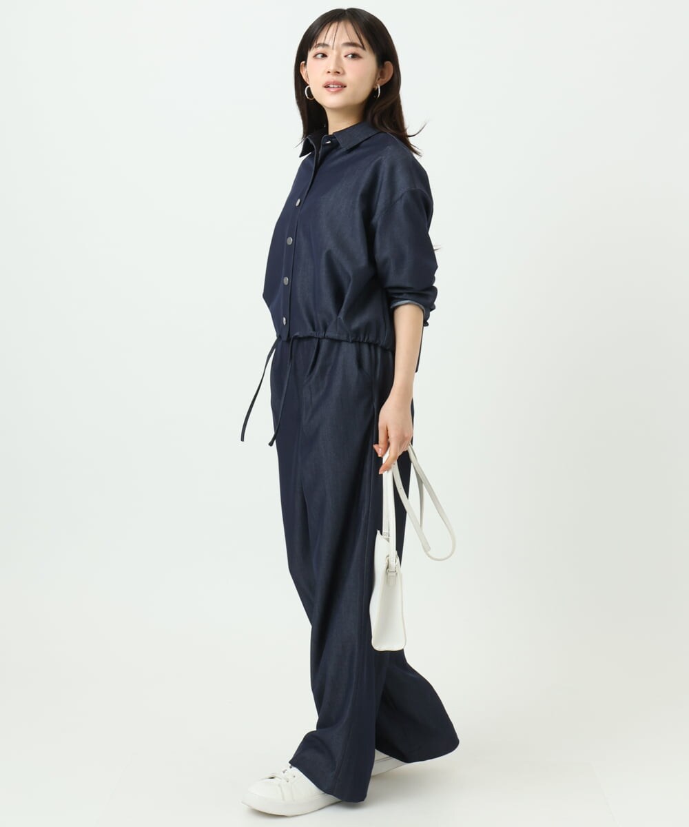F1BGD30150 MK MICHEL KLEIN(小さいサイズ)(メゾン ドゥ サンク) 【小さいサイズ】[SANAGARAシリーズ]デニムライク クロップド丈シャツブラウス/接触冷感/UVカット/洗濯機で洗える ネイビー