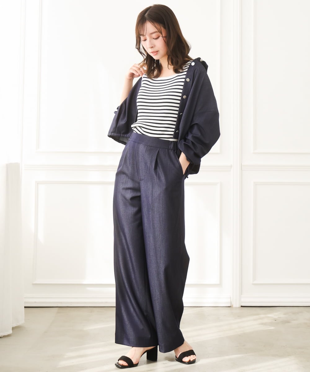 F1BGD30150 MK MICHEL KLEIN(小さいサイズ)(メゾン ドゥ サンク) 【小さいサイズ】[SANAGARAシリーズ]デニムライク クロップド丈シャツブラウス/接触冷感/UVカット/洗濯機で洗える ネイビー