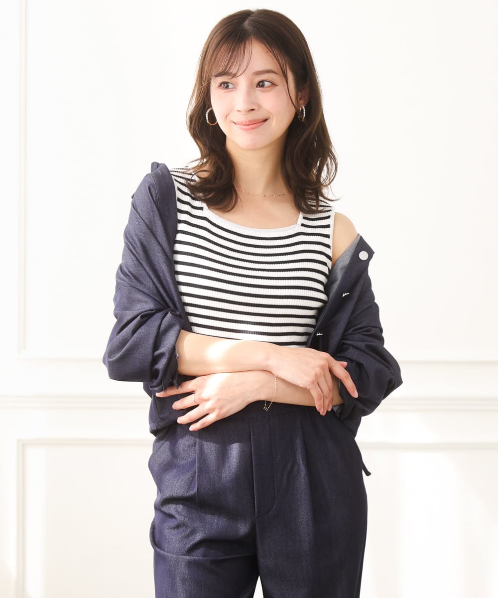 F1BGD30150 MK MICHEL KLEIN(小さいサイズ)(メゾン ドゥ サンク) 【小さいサイズ】[SANAGARAシリーズ]デニムライク クロップド丈シャツブラウス/接触冷感/UVカット/洗濯機で洗える ネイビー