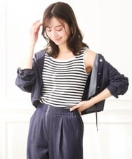 F1BGD30150 MK MICHEL KLEIN(小さいサイズ)(メゾン ドゥ サンク) 【小さいサイズ】[SANAGARAシリーズ]デニムライク クロップド丈シャツブラウス/接触冷感/UVカット/洗濯機で洗える ネイビー