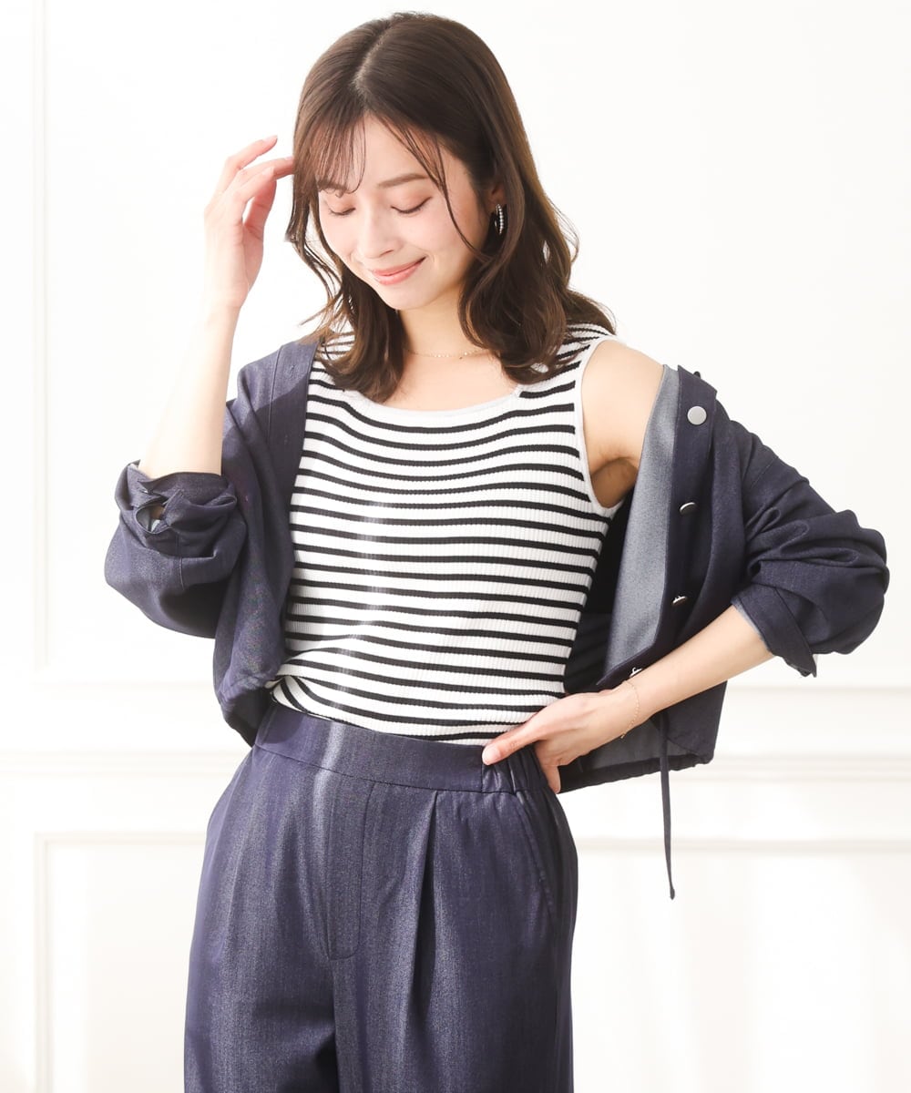 F1BGD30150 MK MICHEL KLEIN(小さいサイズ)(メゾン ドゥ サンク) 【小さいサイズ】[SANAGARAシリーズ]デニムライク クロップド丈シャツブラウス/接触冷感/UVカット/洗濯機で洗える ネイビー