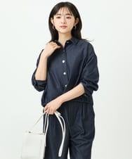 F1BGD30150 MK MICHEL KLEIN(小さいサイズ)(メゾン ドゥ サンク) 【小さいサイズ】[SANAGARAシリーズ]デニムライク クロップド丈シャツブラウス/接触冷感/UVカット/洗濯機で洗える ネイビー