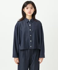 F1BGD30150 MK MICHEL KLEIN(小さいサイズ)(メゾン ドゥ サンク) 【小さいサイズ】[SANAGARAシリーズ]デニムライク クロップド丈シャツブラウス/接触冷感/UVカット/洗濯機で洗える ネイビー