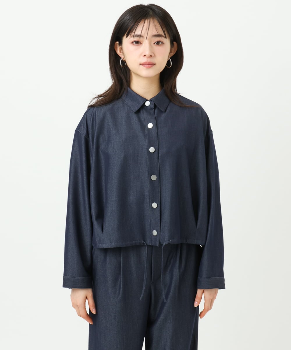 F1BGD30150 MK MICHEL KLEIN(小さいサイズ)(メゾン ドゥ サンク) 【小さいサイズ】[SANAGARAシリーズ]デニムライク クロップド丈シャツブラウス/接触冷感/UVカット/洗濯機で洗える ネイビー