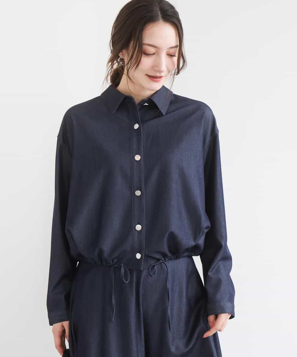 F1BGD30150 MK MICHEL KLEIN(小さいサイズ)(メゾン ドゥ サンク) 【小さいサイズ】[SANAGARAシリーズ]デニムライク クロップド丈シャツブラウス/接触冷感/UVカット/洗濯機で洗える ネイビー