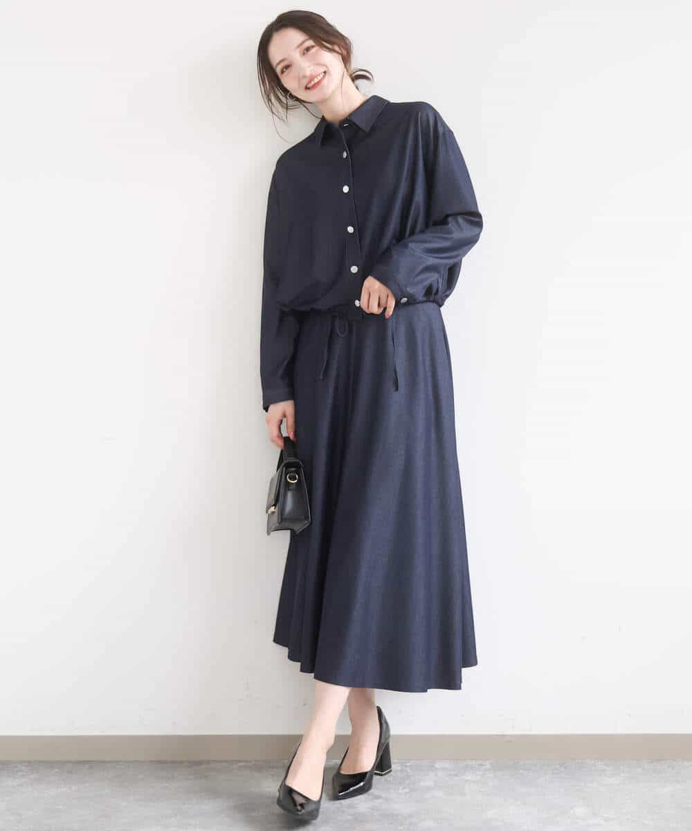 F1BGD30150 MK MICHEL KLEIN(小さいサイズ)(メゾン ドゥ サンク) 【小さいサイズ】[SANAGARAシリーズ]デニムライク クロップド丈シャツブラウス/接触冷感/UVカット/洗濯機で洗える ネイビー