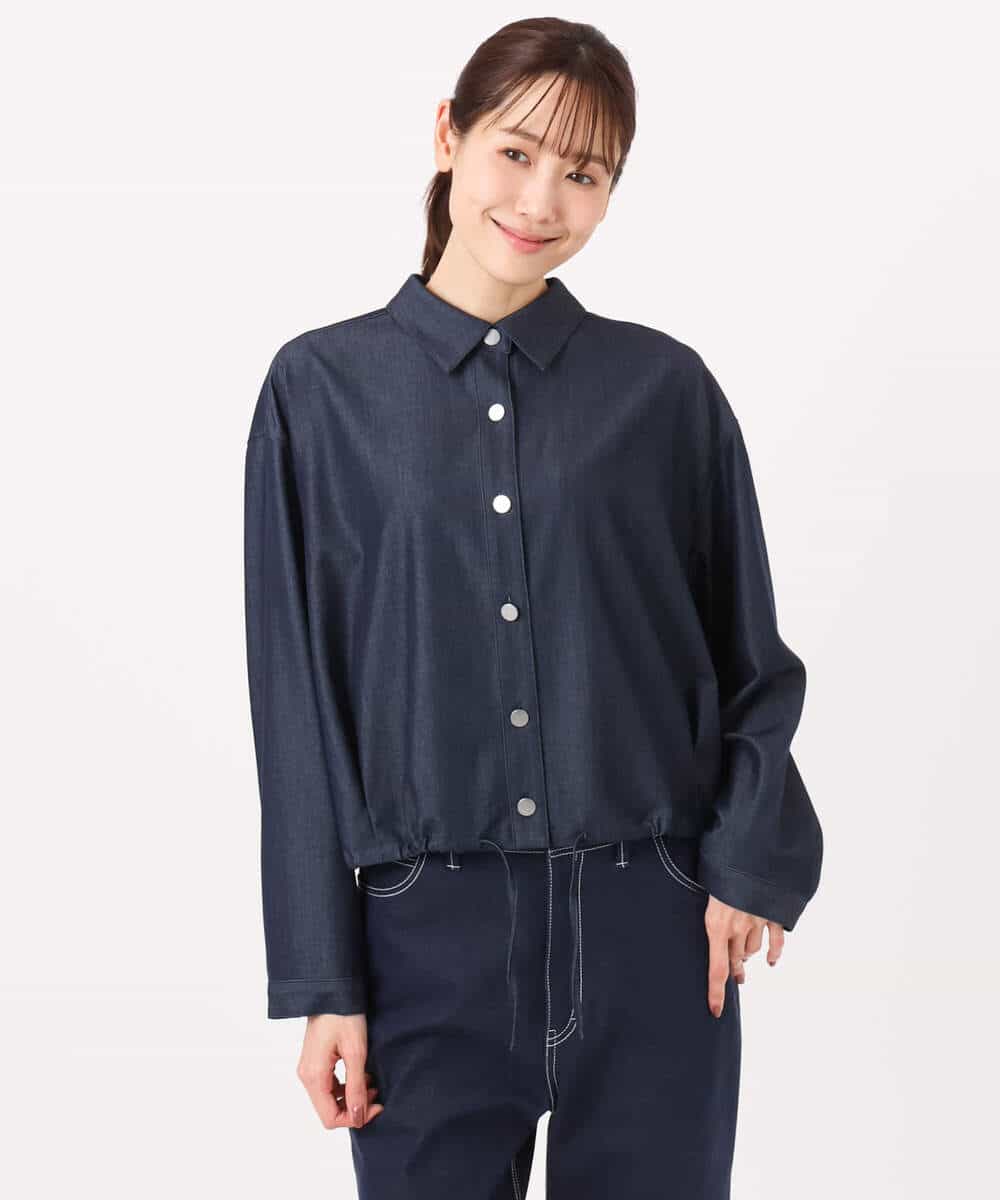 F1BGD30150 MK MICHEL KLEIN(小さいサイズ)(メゾン ドゥ サンク) 【小さいサイズ】[SANAGARAシリーズ]デニムライク クロップド丈シャツブラウス/接触冷感/UVカット/洗濯機で洗える ネイビー