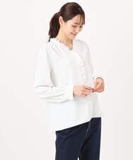 F1BGD32150 MK MICHEL KLEIN(小さいサイズ)(メゾン ドゥ サンク) 【小さいサイズ】Vネックミニフリルブラウス/洗濯機で洗える ライトブルー