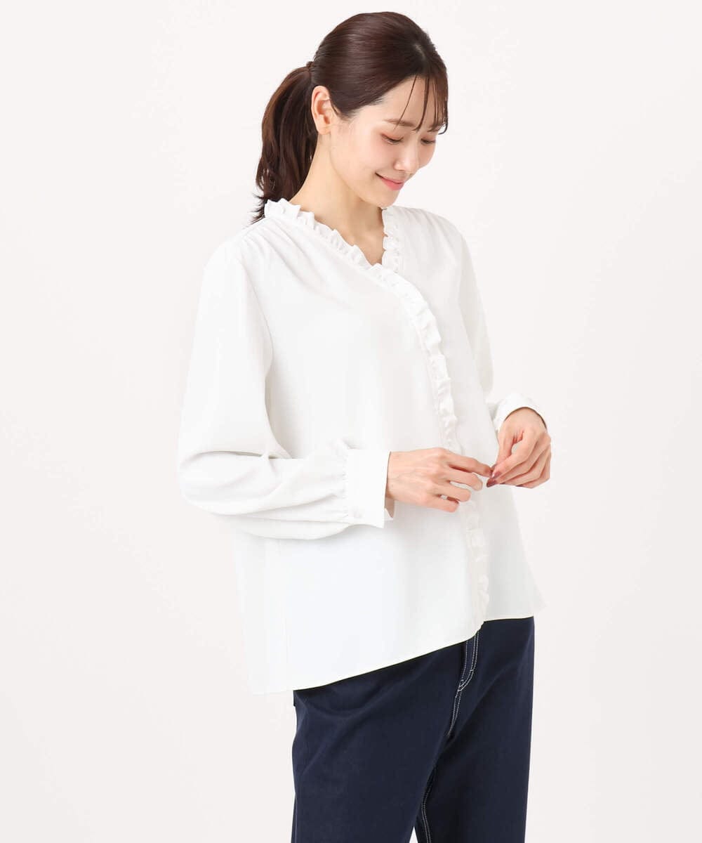 F1BGD32150 MK MICHEL KLEIN(小さいサイズ)(メゾン ドゥ サンク) 【小さいサイズ】Vネックミニフリルブラウス/洗濯機で洗える ライトブルー