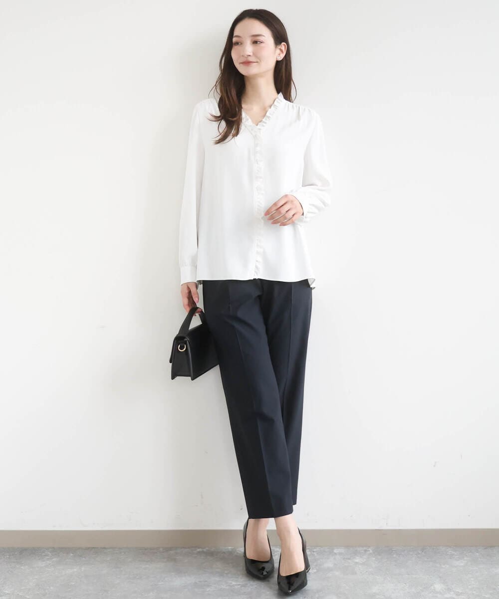 F1BGD32150 MK MICHEL KLEIN(小さいサイズ)(メゾン ドゥ サンク) 【小さいサイズ】Vネックミニフリルブラウス/洗濯機で洗える ライトブルー