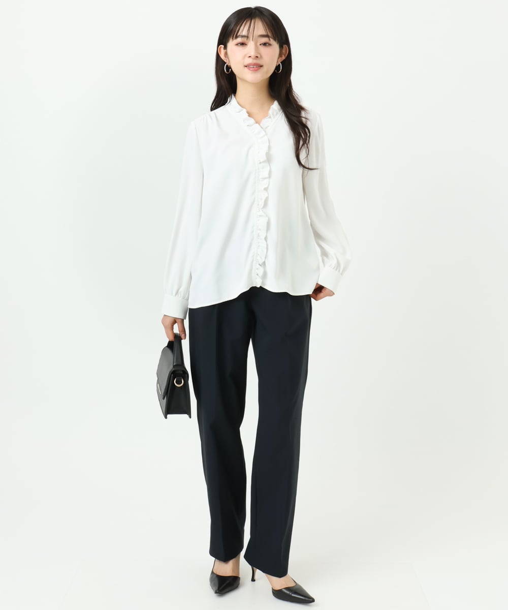 F1BGD32150 MK MICHEL KLEIN(小さいサイズ)(メゾン ドゥ サンク) 【小さいサイズ】Vネックミニフリルブラウス/洗濯機で洗える ライトブルー