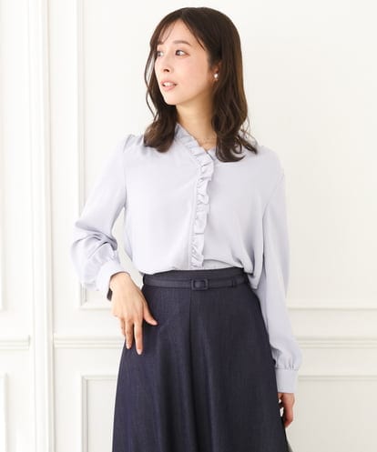 F1BGD32150 MK MICHEL KLEIN(小さいサイズ) 【小さいサイズ】Vネックミニフリルブラウス/洗濯機で洗える