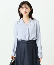 F1BGD32150 MK MICHEL KLEIN(小さいサイズ)(メゾン ドゥ サンク) 【小さいサイズ】Vネックミニフリルブラウス/洗濯機で洗える ライトブルー