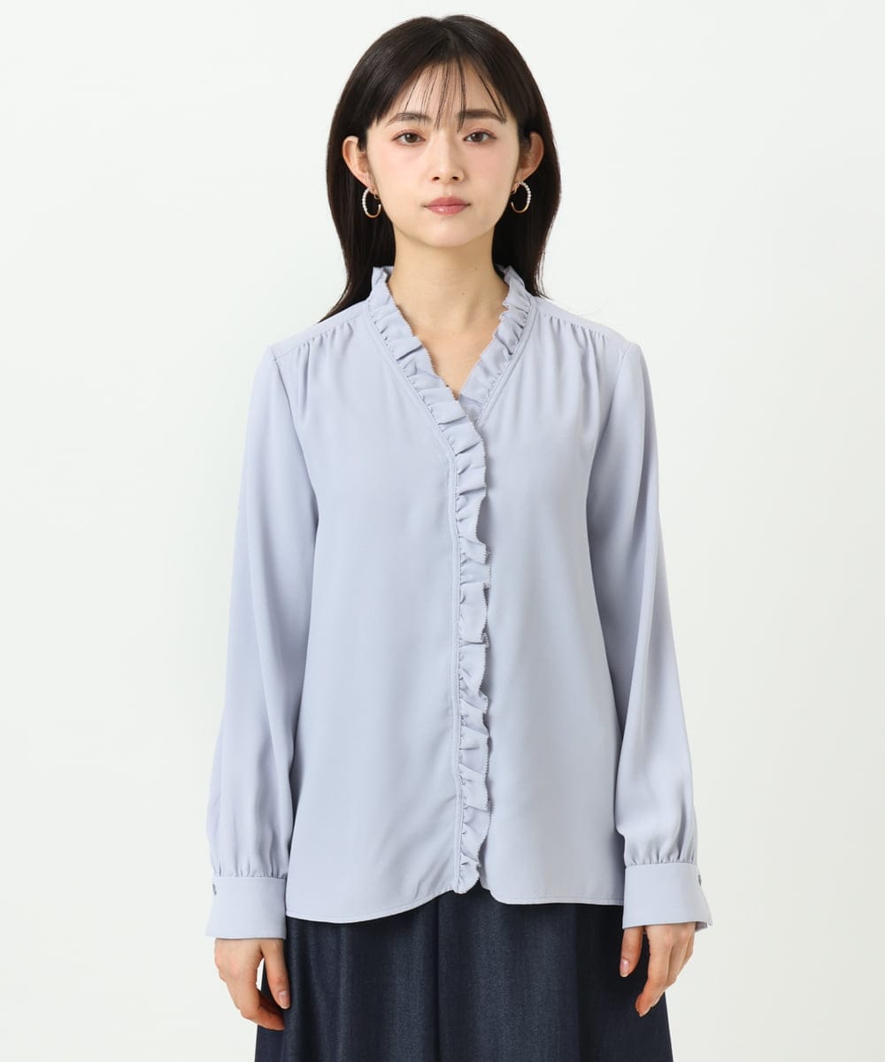 F1BGD32150 MK MICHEL KLEIN(小さいサイズ)(メゾン ドゥ サンク) 【小さいサイズ】Vネックミニフリルブラウス/洗濯機で洗える ライトブルー