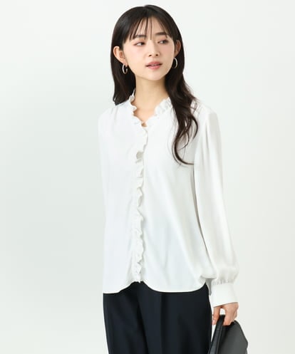 F1BGD32150 MK MICHEL KLEIN(小さいサイズ) 【小さいサイズ】Vネックミニフリルブラウス/洗濯機で洗える