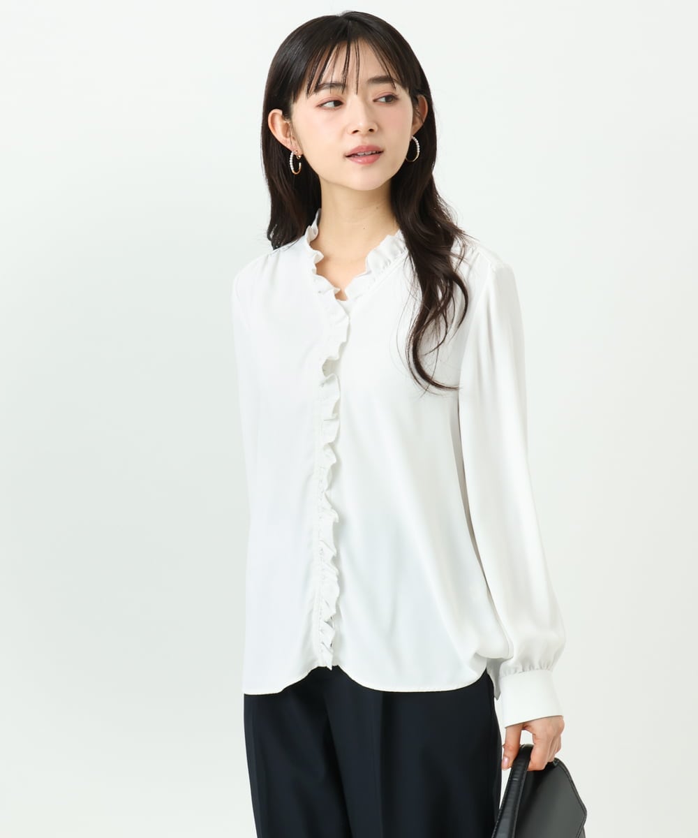 F1BGD32150 MK MICHEL KLEIN(小さいサイズ) 【小さいサイズ】Vネックミニフリルブラウス/洗濯機で洗える