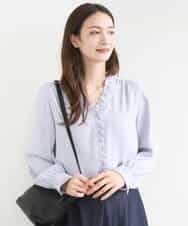 F1BGD32150 MK MICHEL KLEIN(小さいサイズ)(メゾン ドゥ サンク) 【小さいサイズ】Vネックミニフリルブラウス/洗濯機で洗える ライトブルー