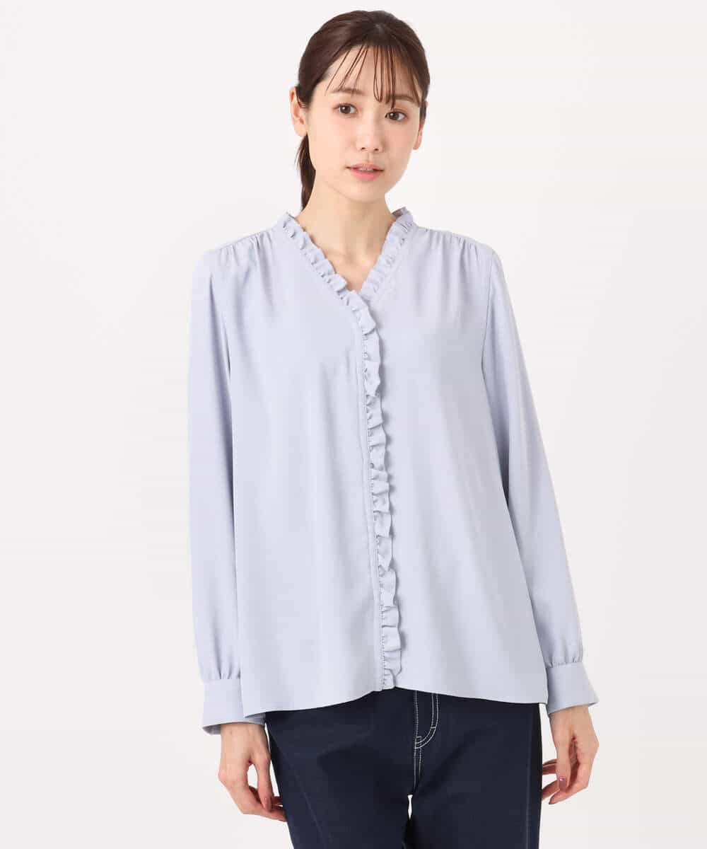 F1BGD32150 MK MICHEL KLEIN(小さいサイズ)(メゾン ドゥ サンク) 【小さいサイズ】Vネックミニフリルブラウス/洗濯機で洗える ライトブルー