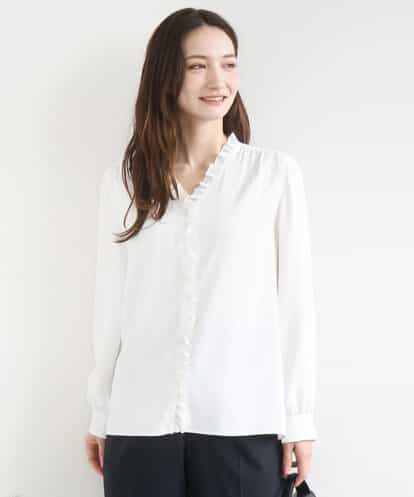 F1BGD32150 MK MICHEL KLEIN(小さいサイズ) 【小さいサイズ】Vネックミニフリルブラウス/洗濯機で洗える