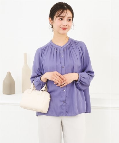 F1BGD35140 MK MICHEL KLEIN(小さいサイズ) 【小さいサイズ】バンドカラーサテンブラウス/接触冷感/UVカット/洗える