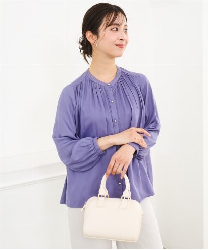 F1BGD35140 MK MICHEL KLEIN(小さいサイズ) 【小さいサイズ】バンドカラーサテンブラウス/接触冷感/UVカット/洗える